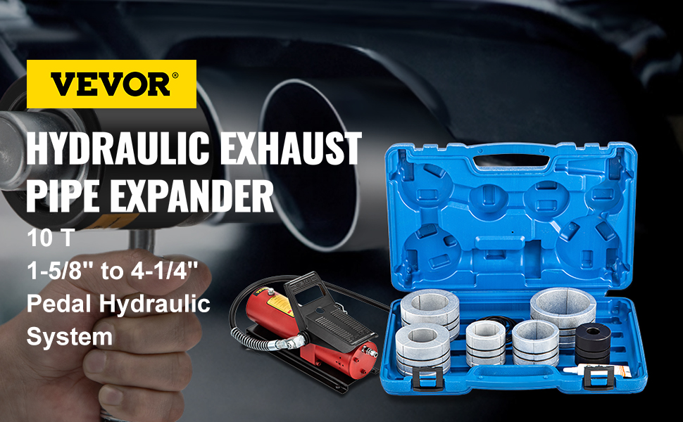 VEVOR hydraulic exhaust pipe expander kit with tools and carrying case.