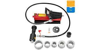 VEVOR hydraulic exhaust pipe expander tool set with accessories and cases.