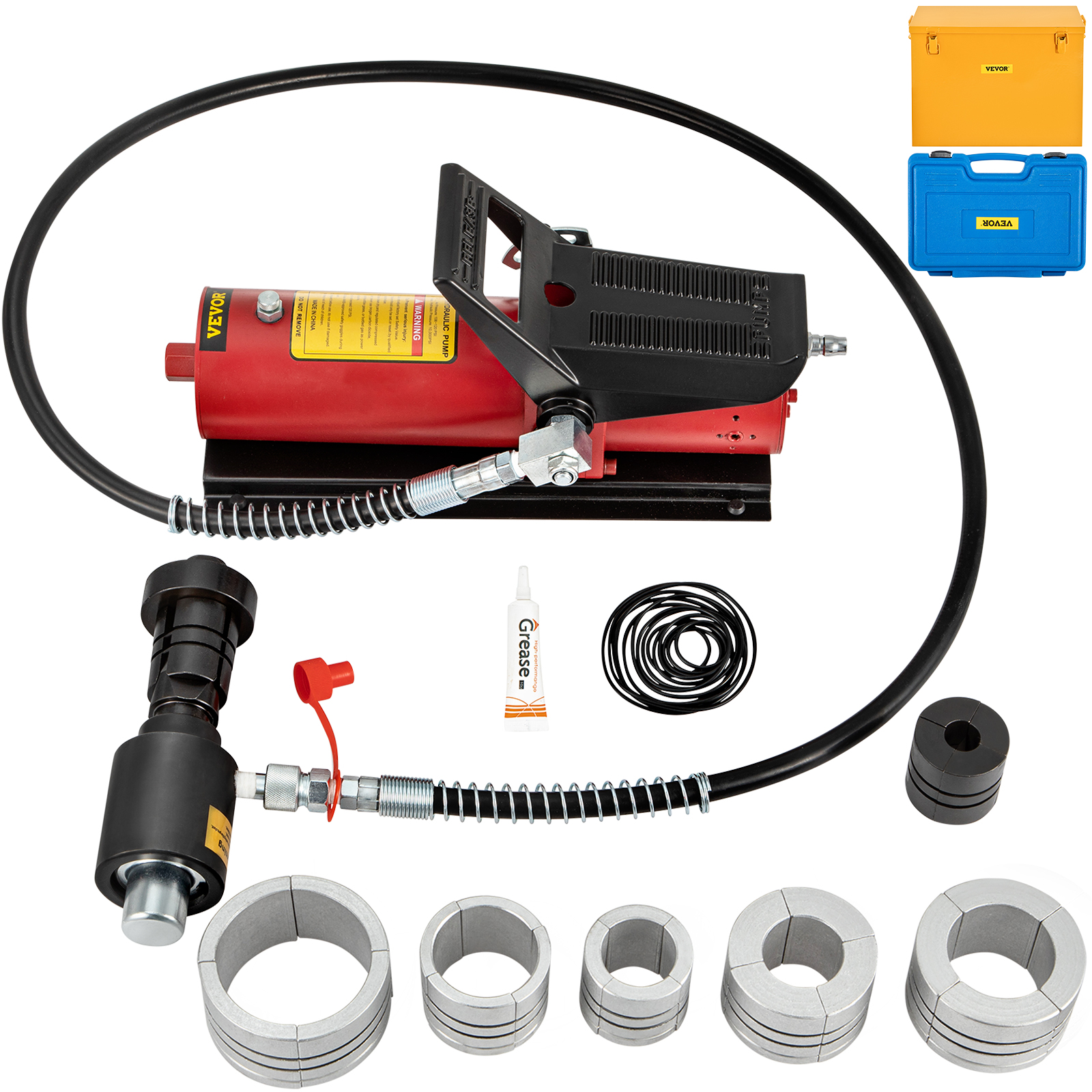 VEVOR hydraulic exhaust pipe expander with accessories and carrying cases.