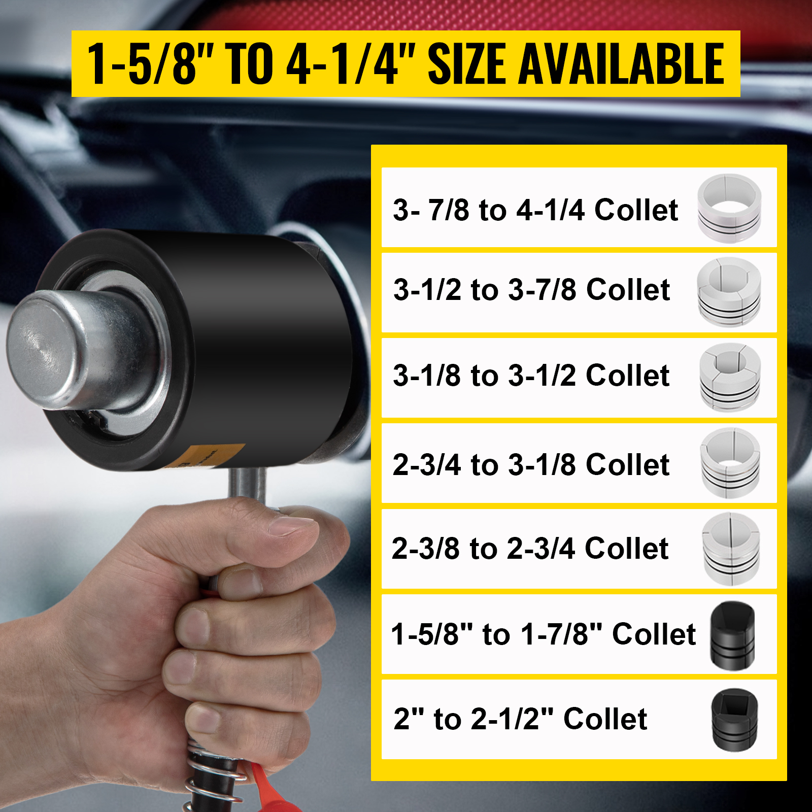 VEVOR hydraulic exhaust pipe expander with 1-5/8" to 4-1/4" collet sizes displayed.