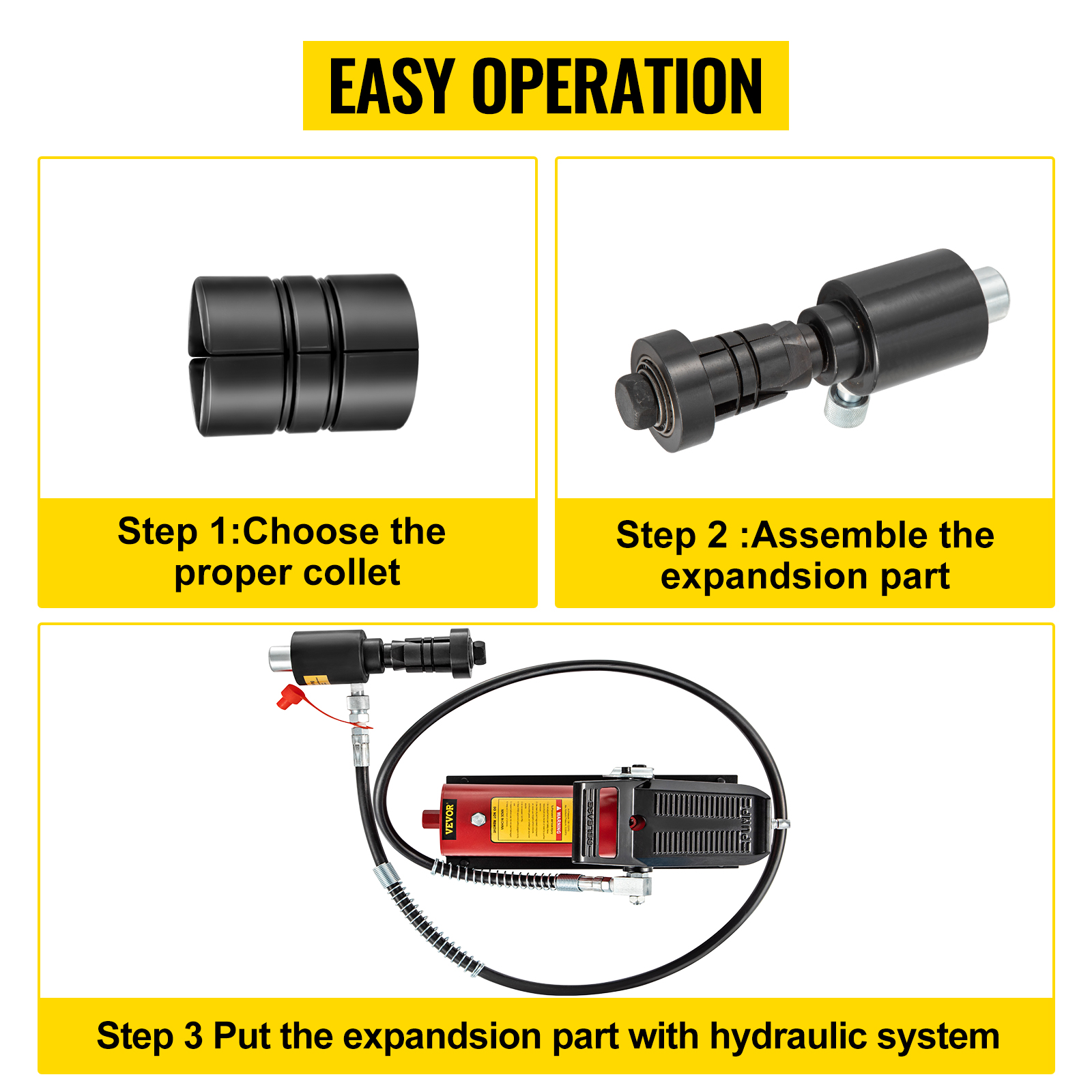 VEVOR hydraulic exhaust pipe expander setup steps: choose collet, assemble part, use hydraulic.
