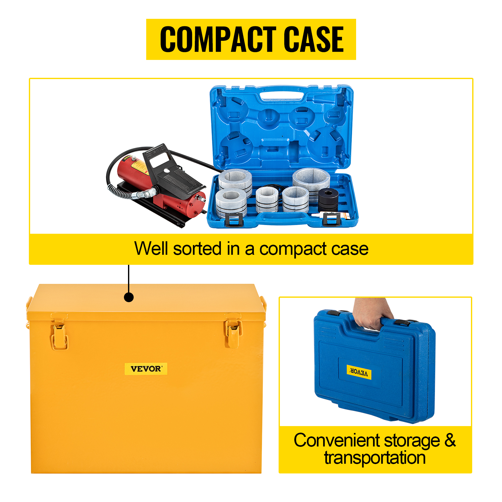 VEVOR hydraulic exhaust pipe expander in a compact, blue case with convenient storage
