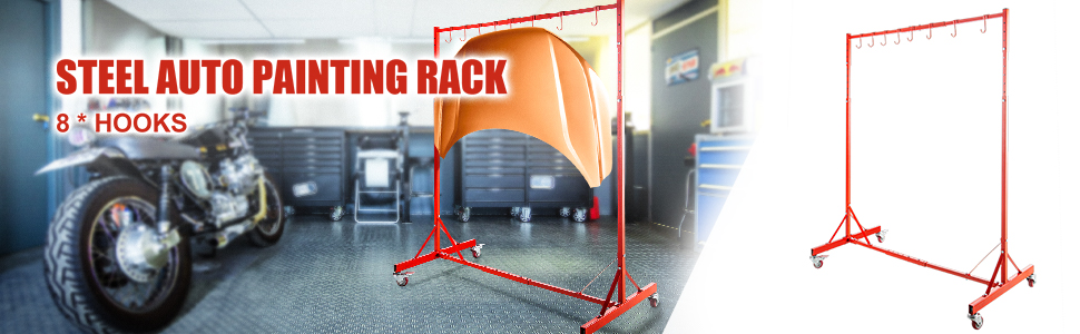 VEVOR automotive paint stand with 8 hooks in a garage setting