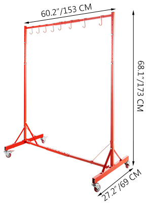 red VEVOR automotive paint stand with hooks and wheels, dimensions 60.2" x 68.1".