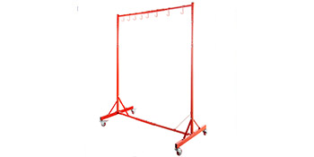red VEVOR automotive paint stand with casters and multiple hooks.