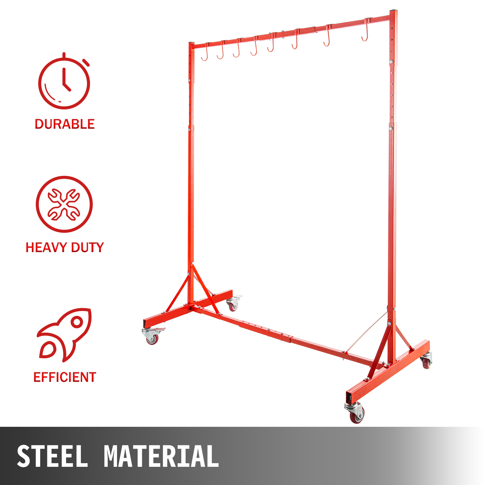 VEVOR automotive paint stand in durable red steel with wheels and hooks.