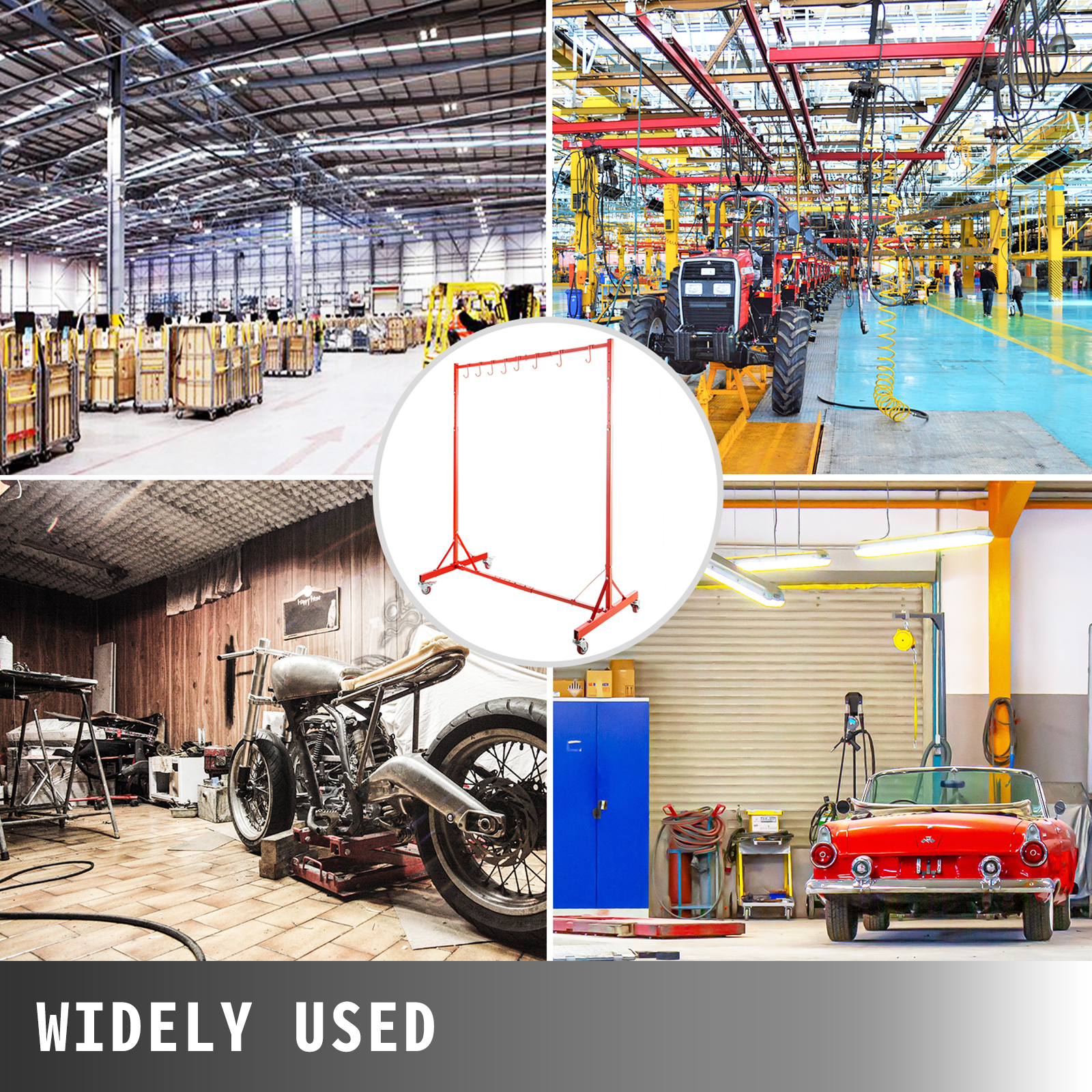 VEVOR automotive paint stand used in various workshop settings and industrial environments.