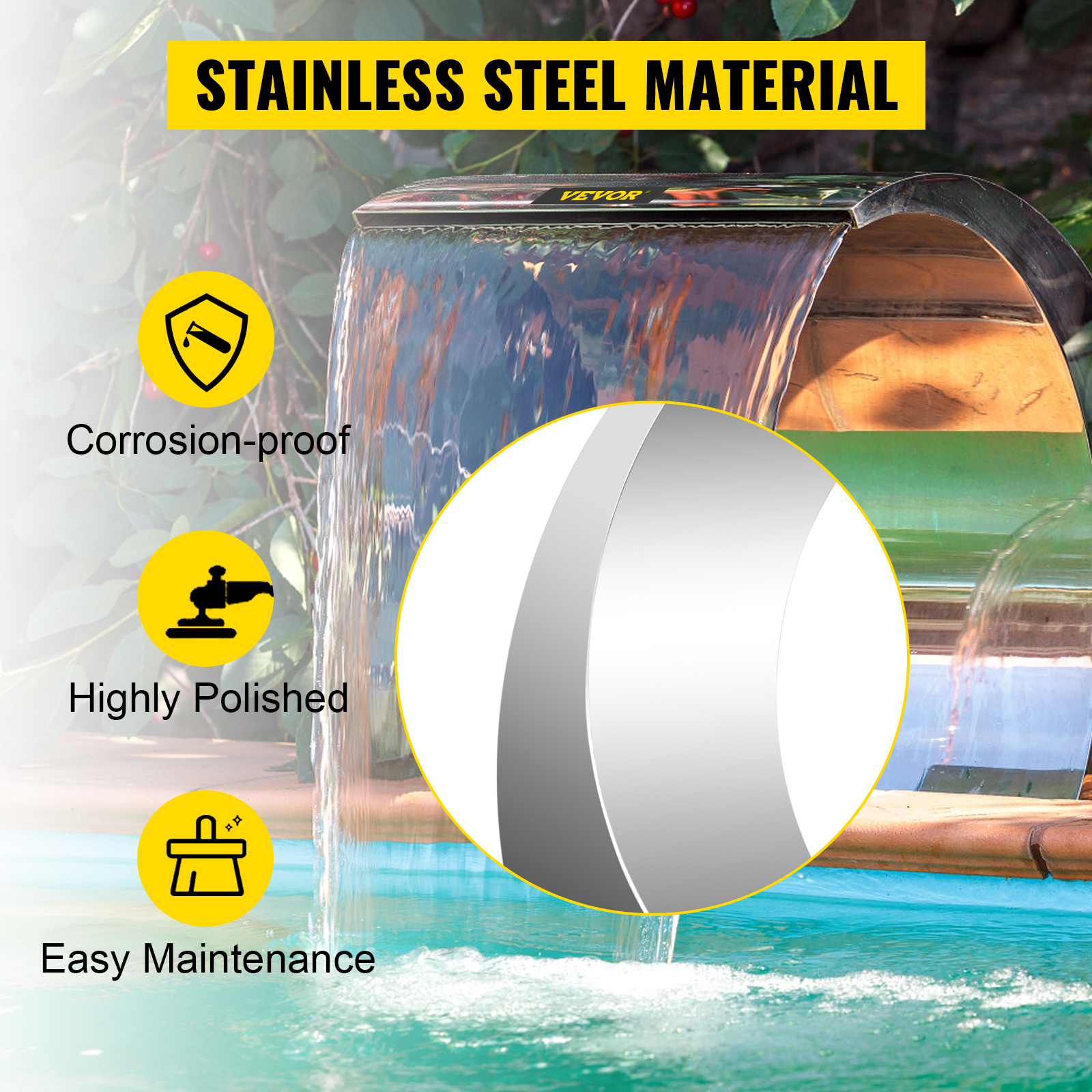 VEVOR pool waterfall fountain with corrosion-proof stainless steel and high polish.