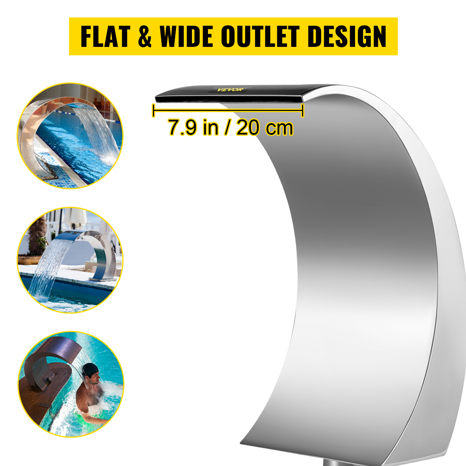 VEVOR pool waterfall fountain with a wide 7.9-inch outlet, stainless steel design.