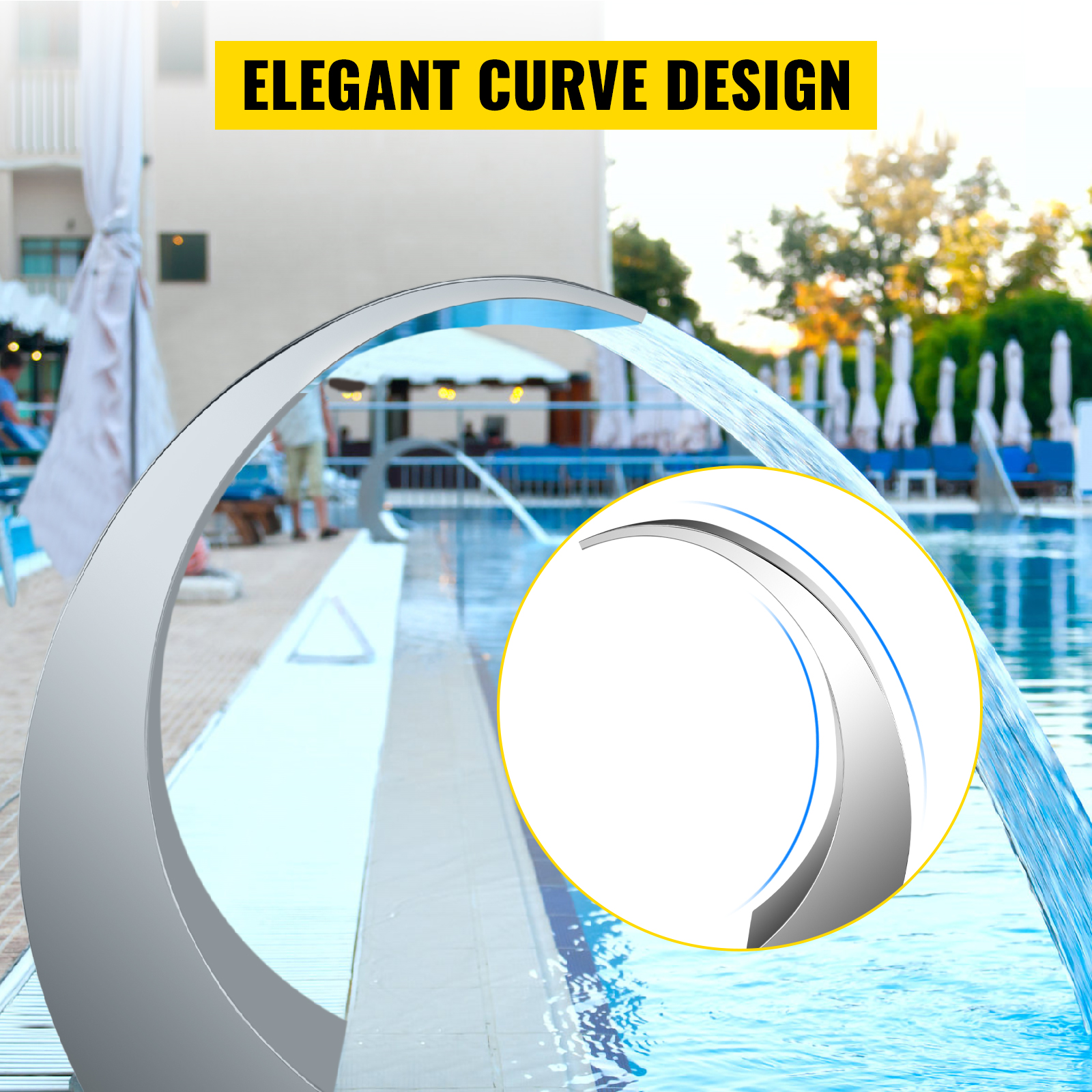 VEVOR pool waterfall fountain with elegant curve design by a poolside.