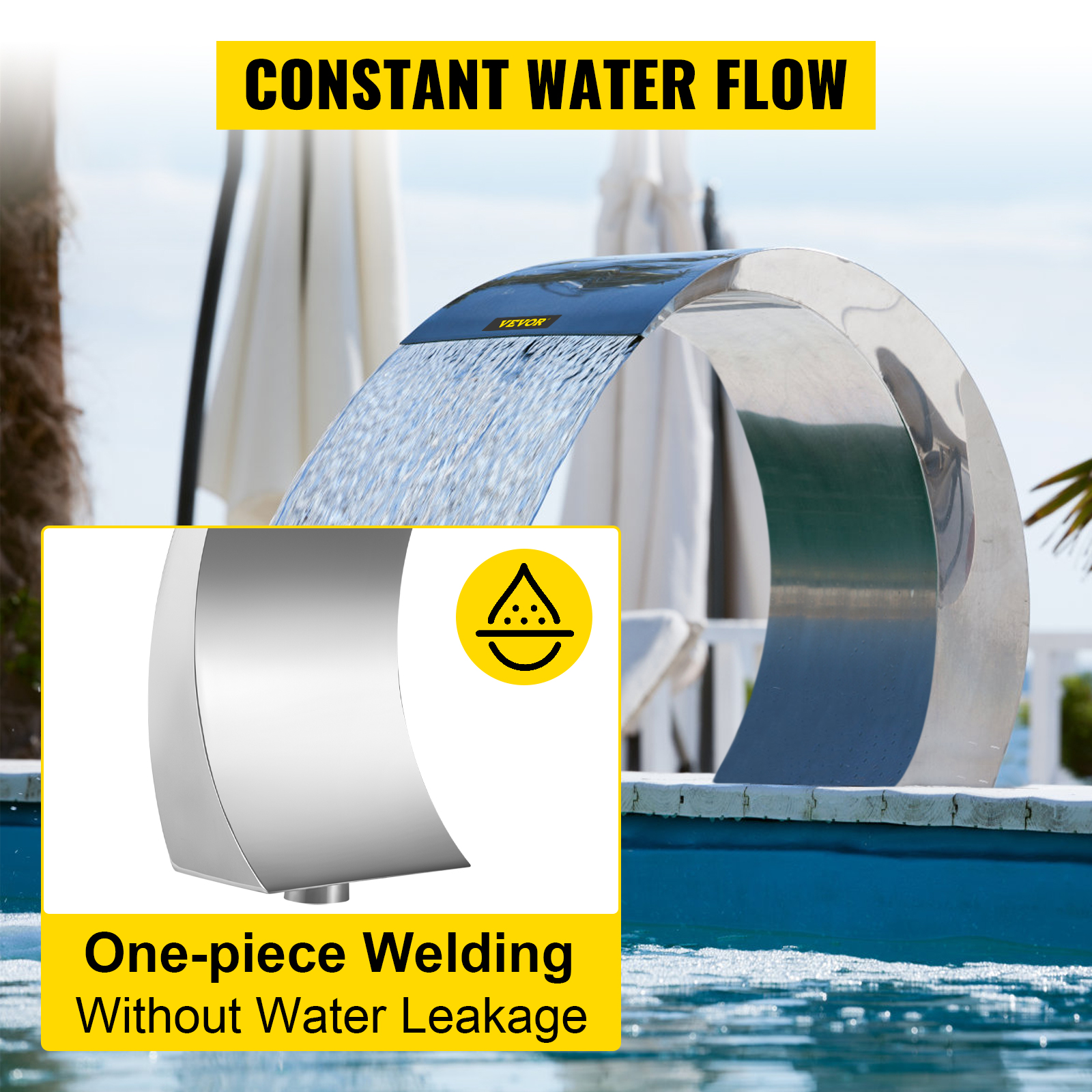 VEVOR pool waterfall fountain with constant water flow and one-piece welding.