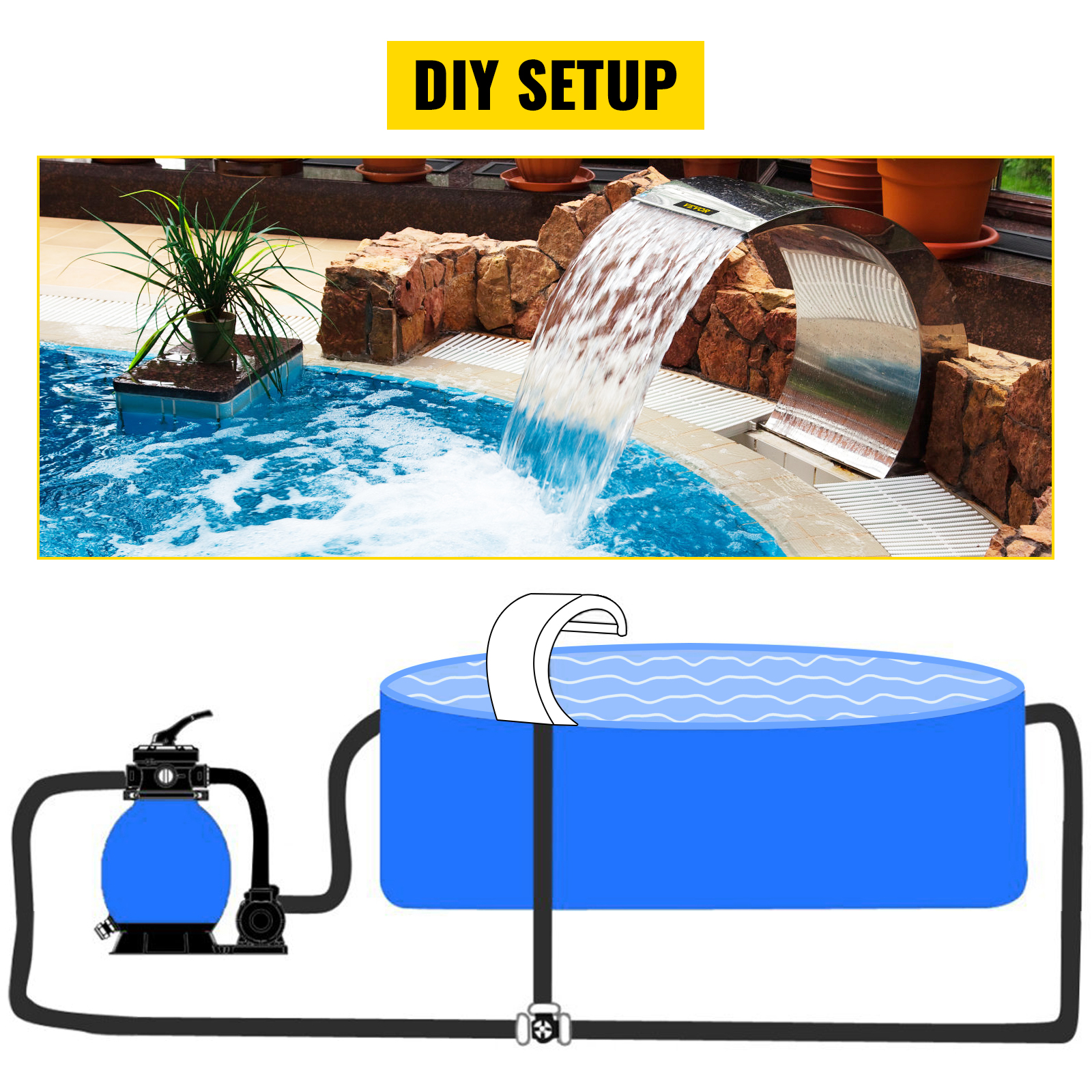 VEVOR pool waterfall fountain diy setup with circular pool and water pump system.