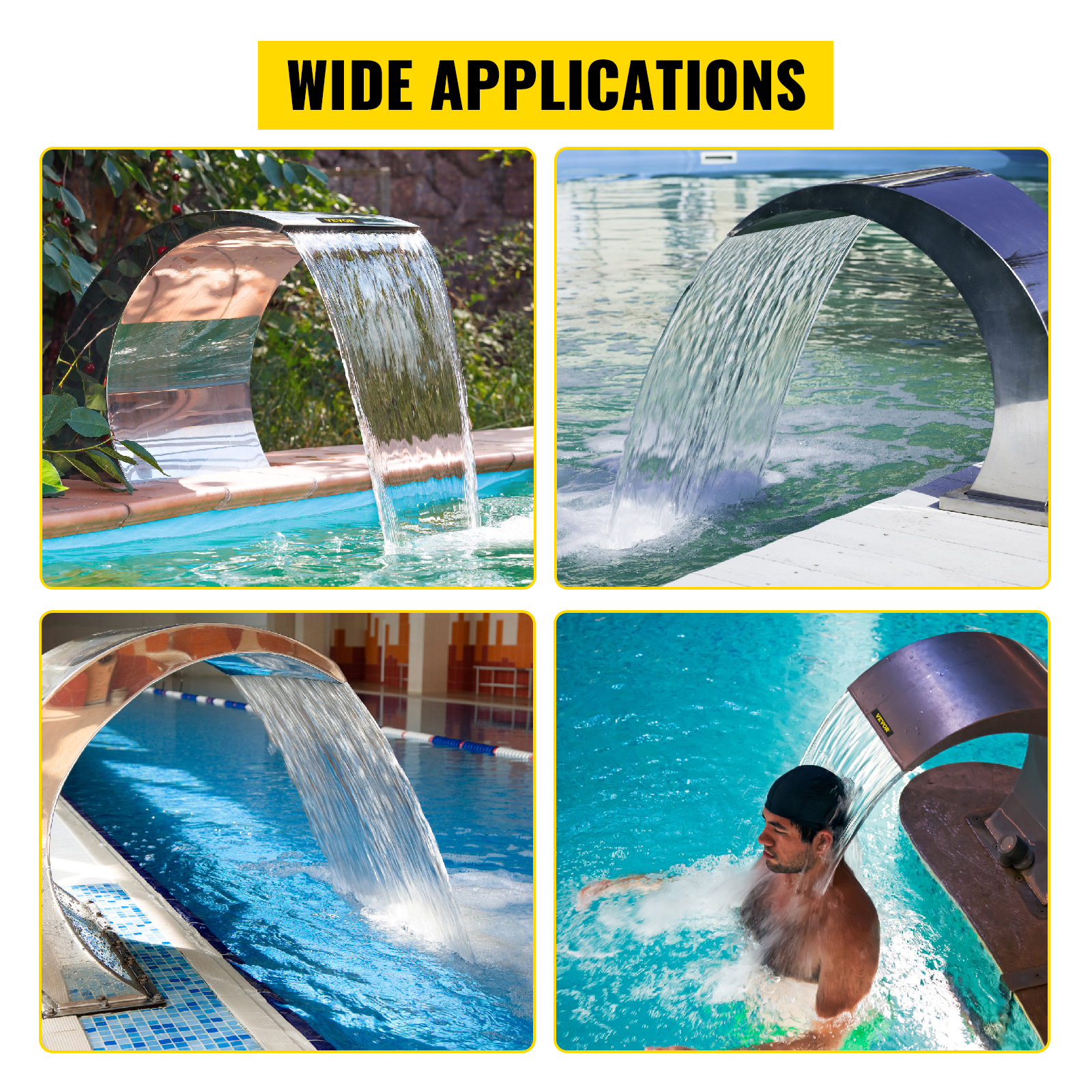 VEVOR pool waterfall fountain in various pool settings, showcasing wide applications.