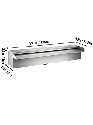 VEVOR pool fountain, stainless steel, 59.1x4.5x3.1 inches, sleek and modern design.
