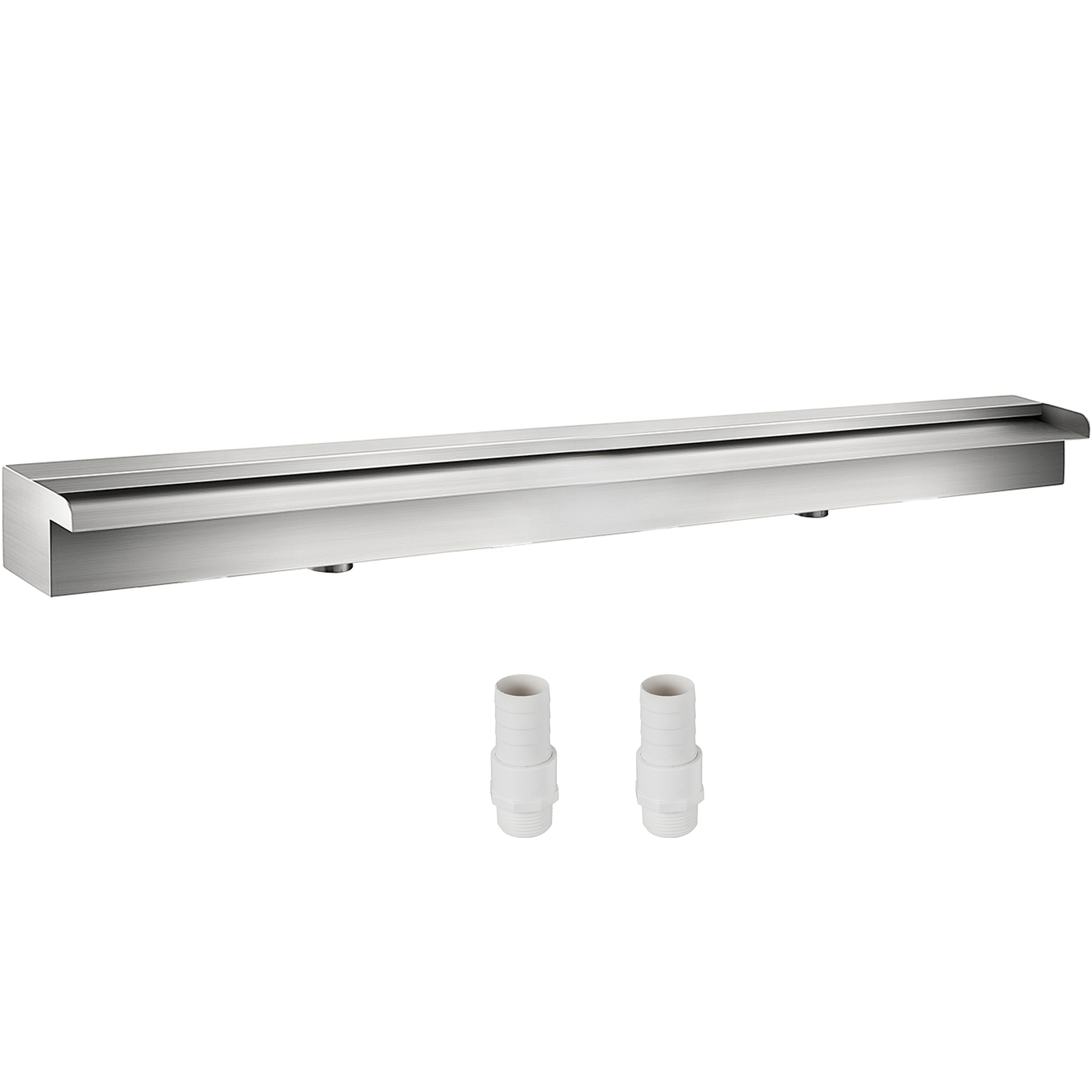 stainless steel VEVOR pool fountain with two white connectors on white background.