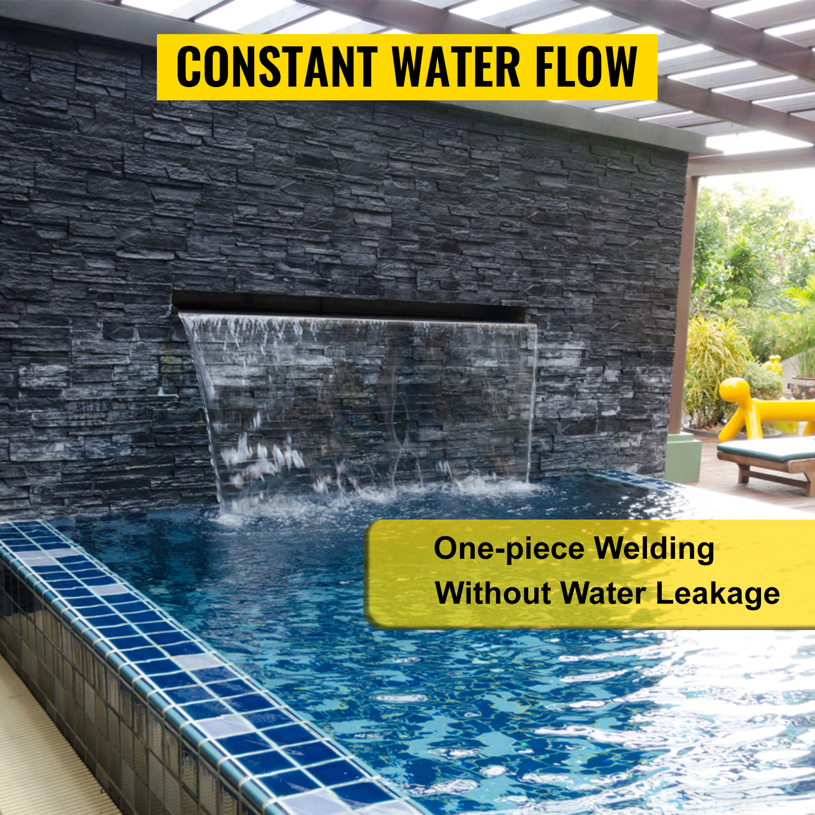 VEVOR pool fountain with constant water flow and one-piece welding for no leaks.
