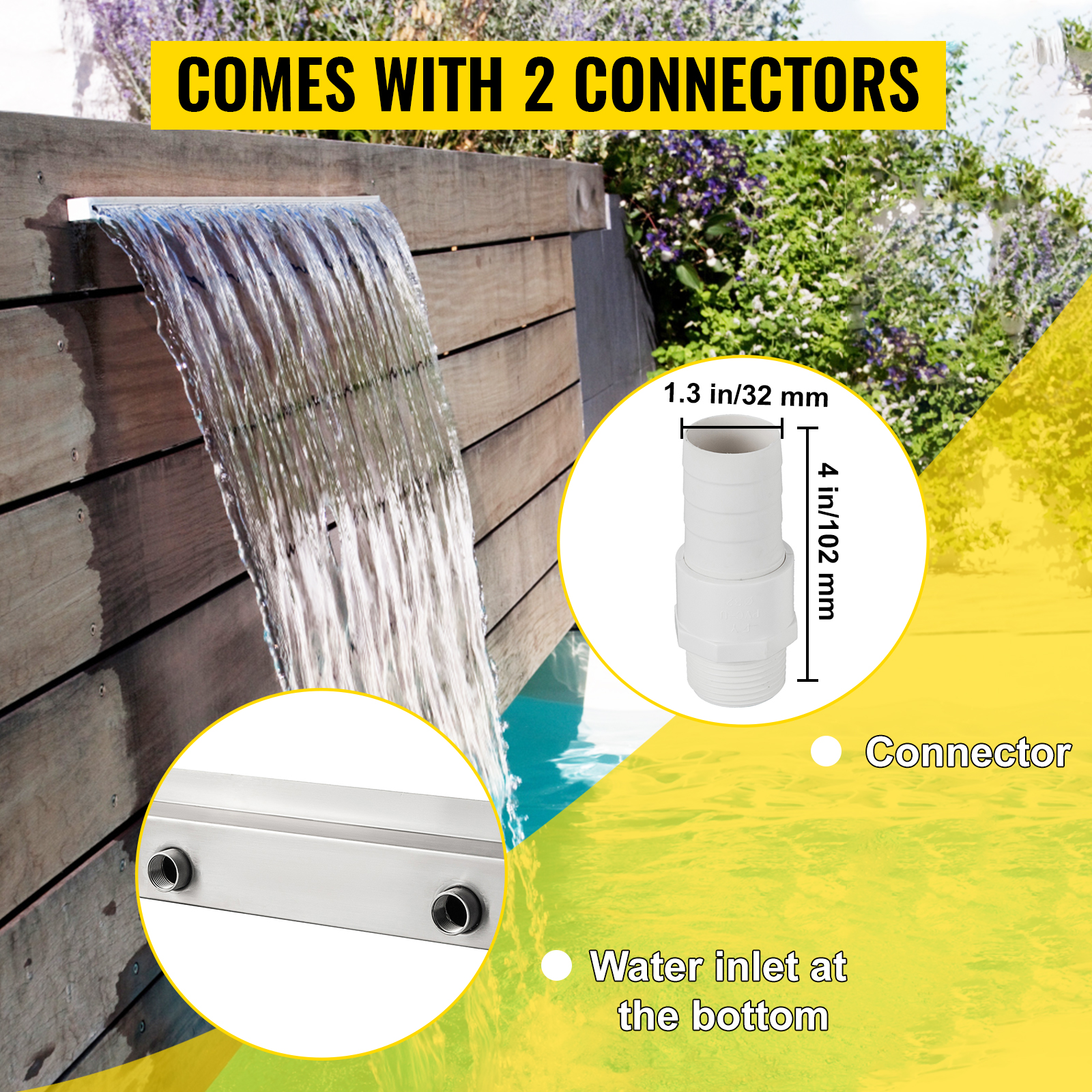 VEVOR pool fountain with two connectors and a water inlet at the bottom.