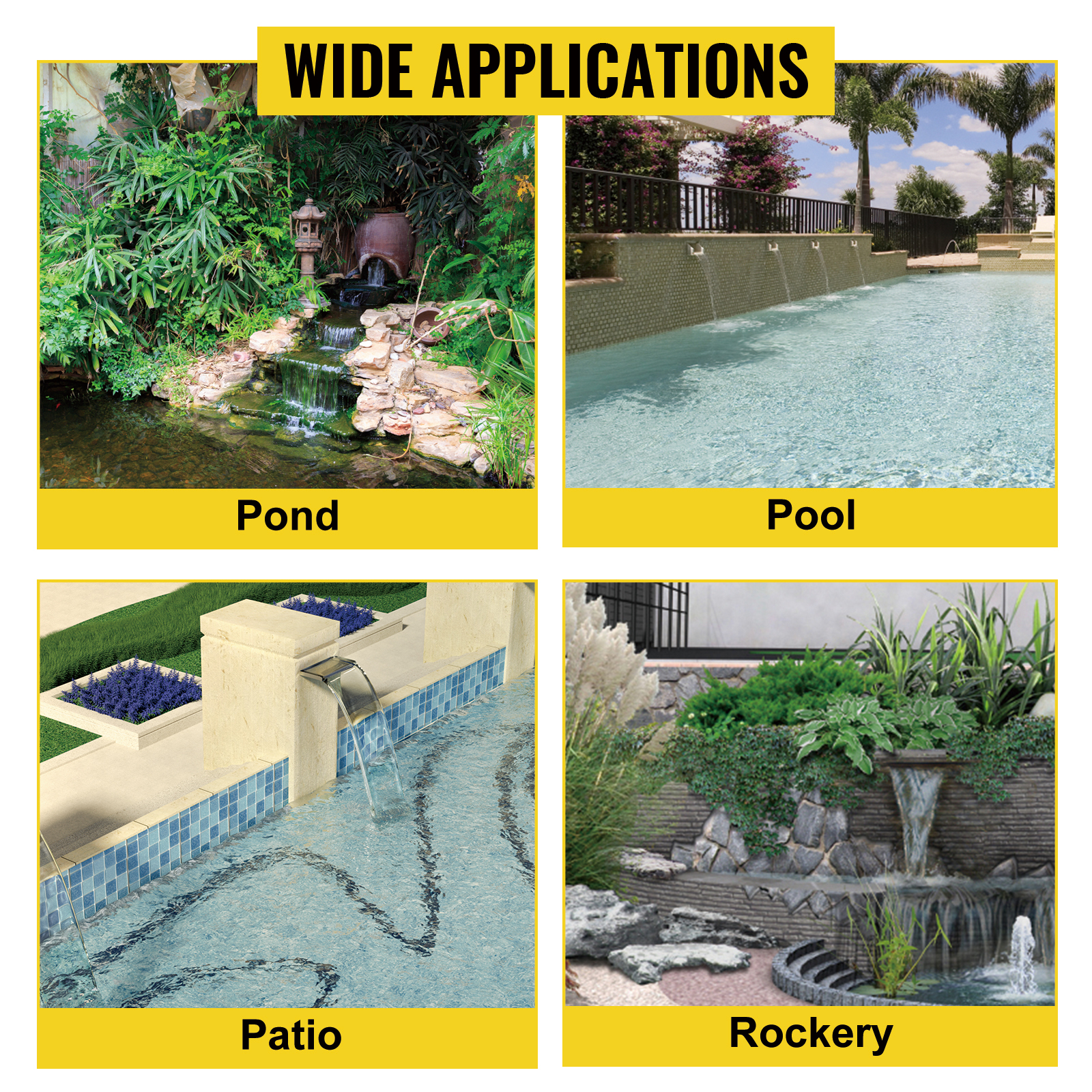 VEVOR pool fountain showing applications in ponds, pools, patios, and rockeries.