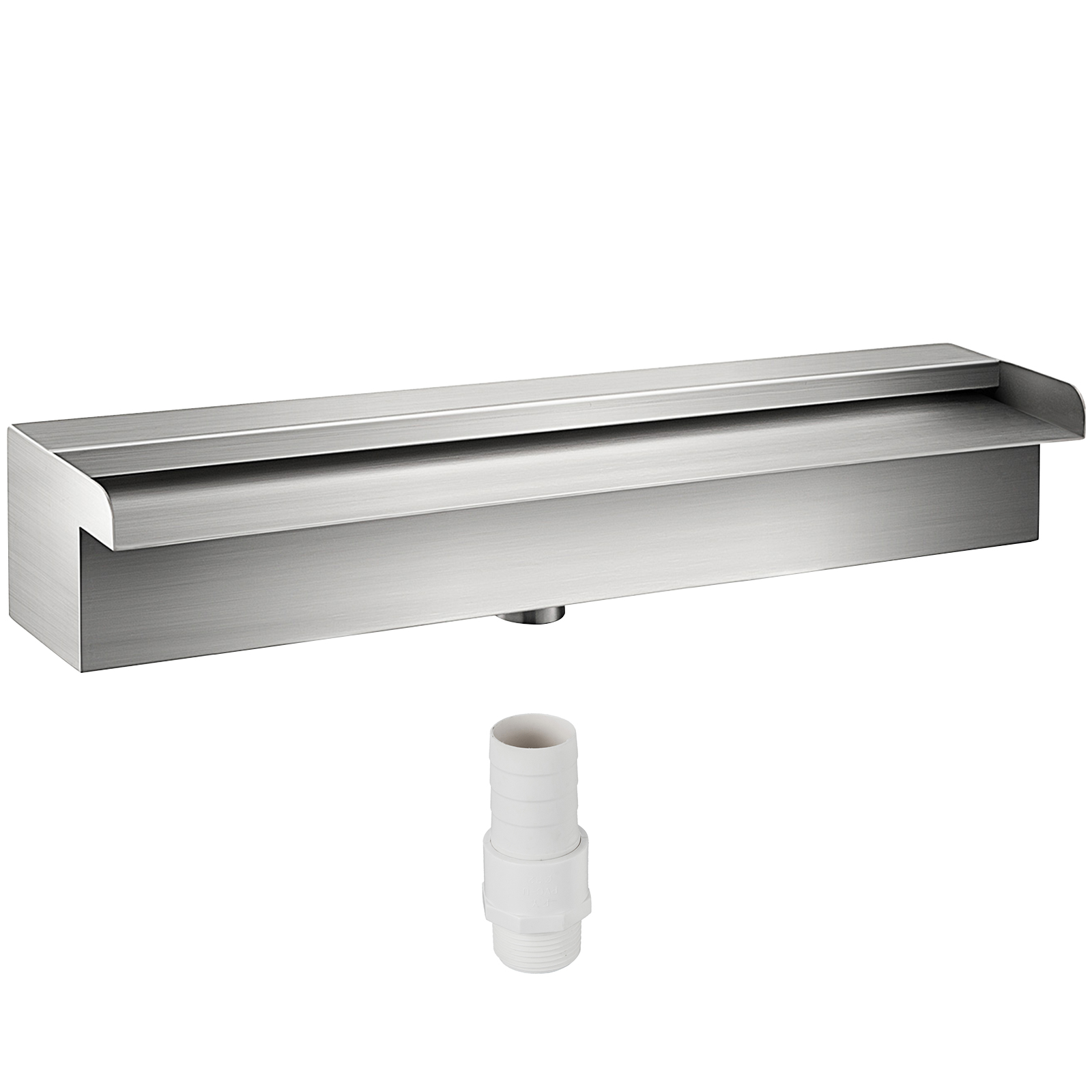 stainless steel VEVOR pool fountain with white connector fitting.