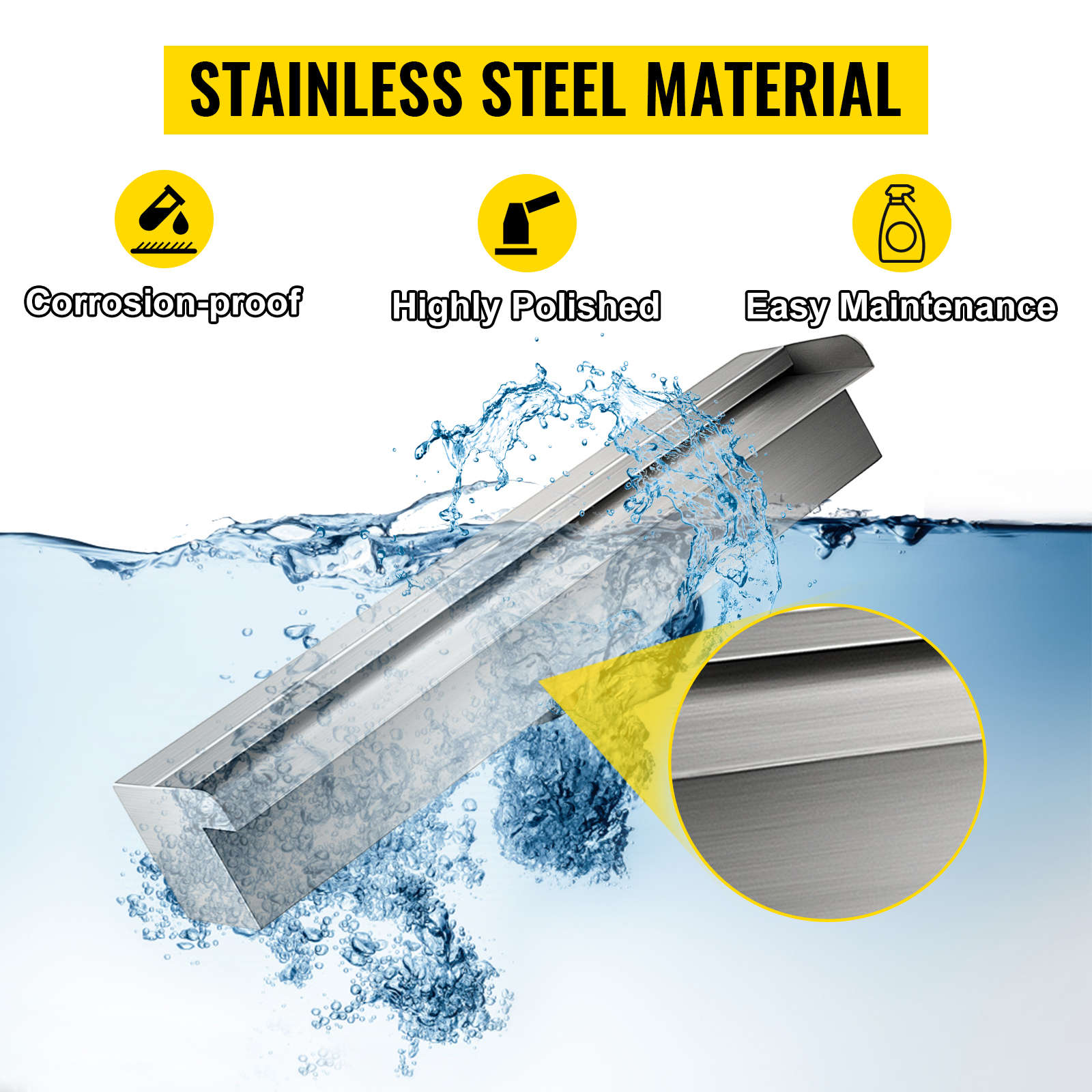 VEVOR pool fountain in water, stainless steel, corrosion-proof, highly polished, easy maintenance.