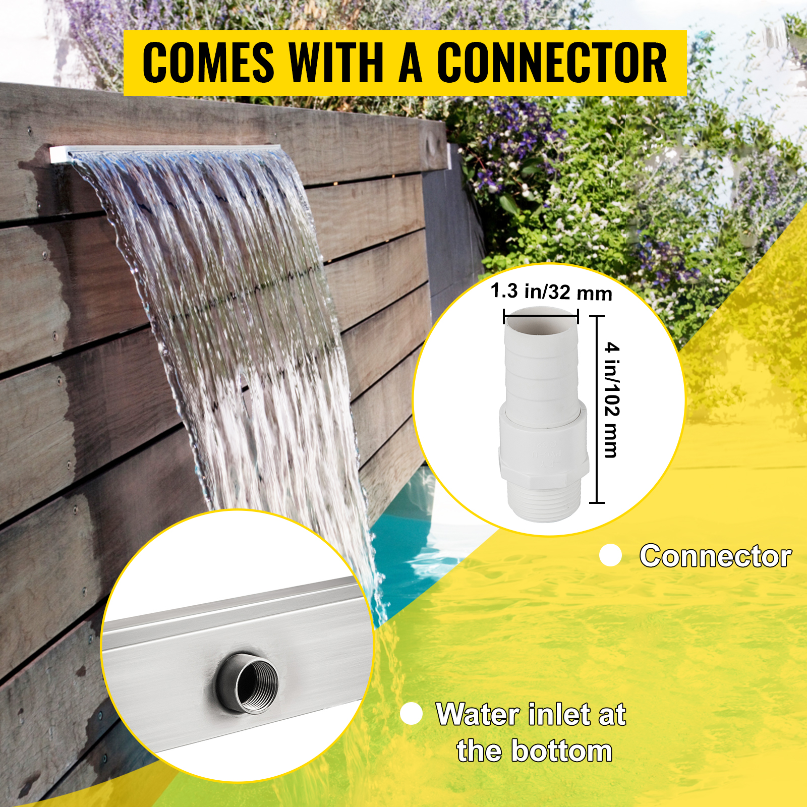 VEVOR pool fountain with connector and water inlet, set against a garden backdrop.