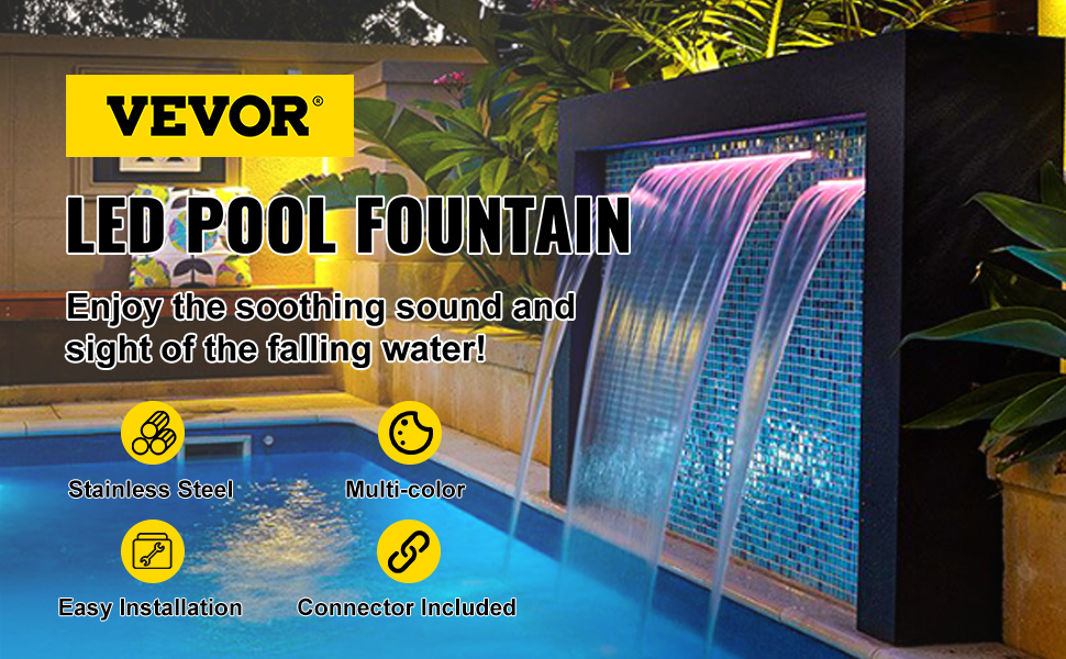 VEVOR pool fountain with stainless steel, multi-color led lights, and easy installation.