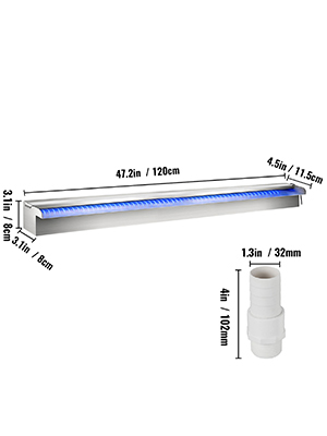 VEVOR pool fountain with blue led light, 120cm length, and connector dimensions shown.