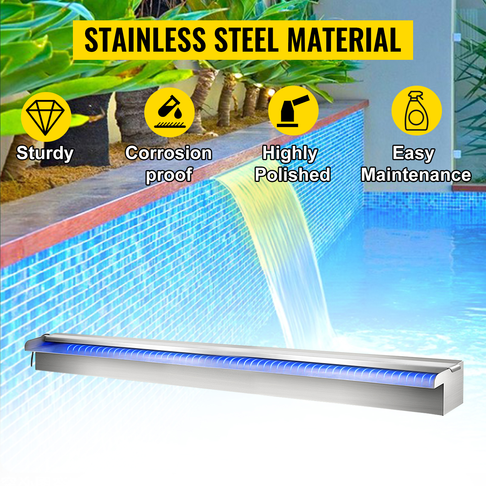 VEVOR pool fountain with stainless steel material, sturdy, corrosion proof, polished.
