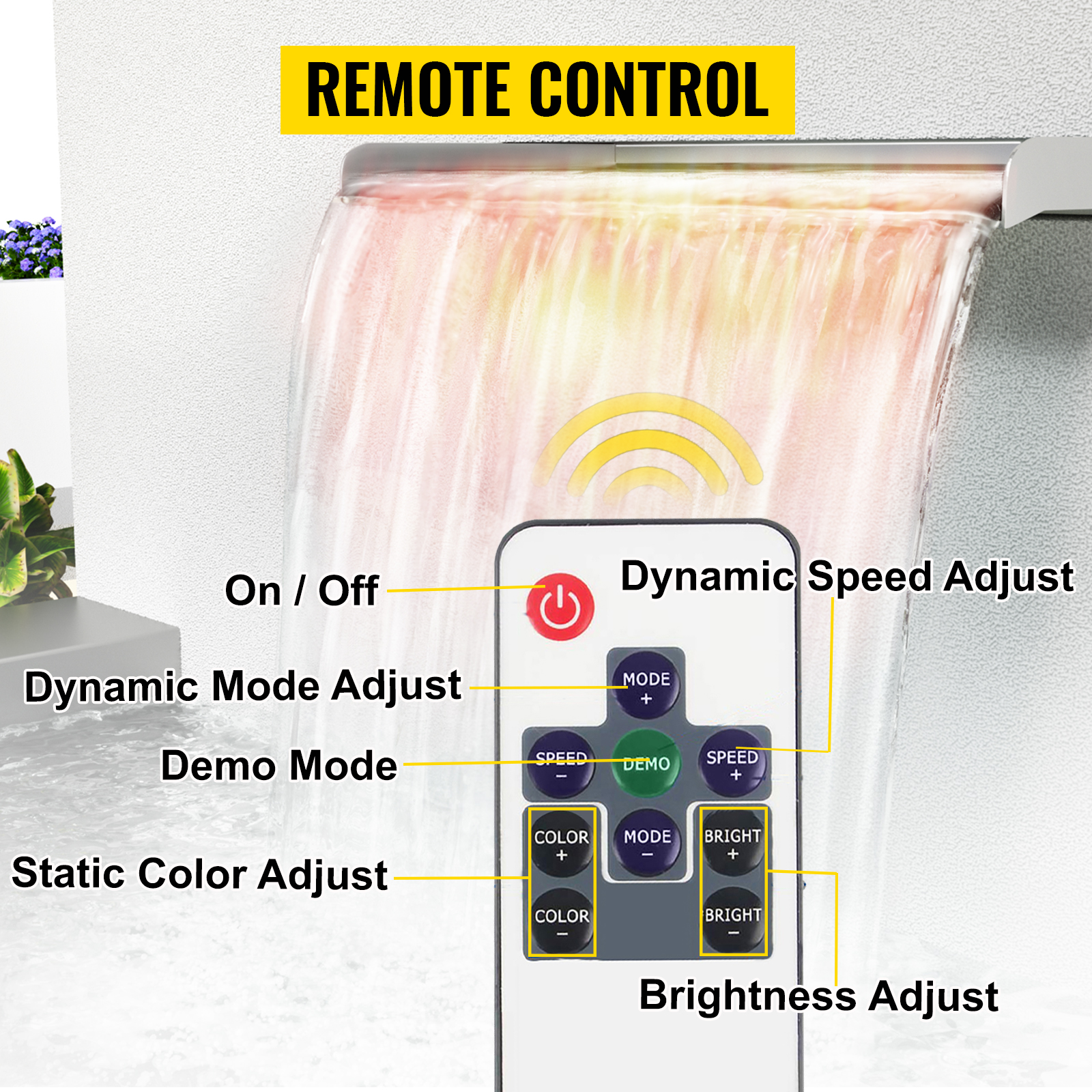 VEVOR pool fountain remote control with various adjustment settings highlighted.