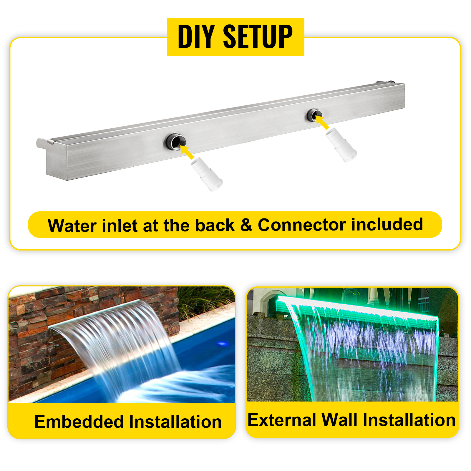 VEVOR pool fountain with diy setup, water inlet, connector, embedded, and wall installation.