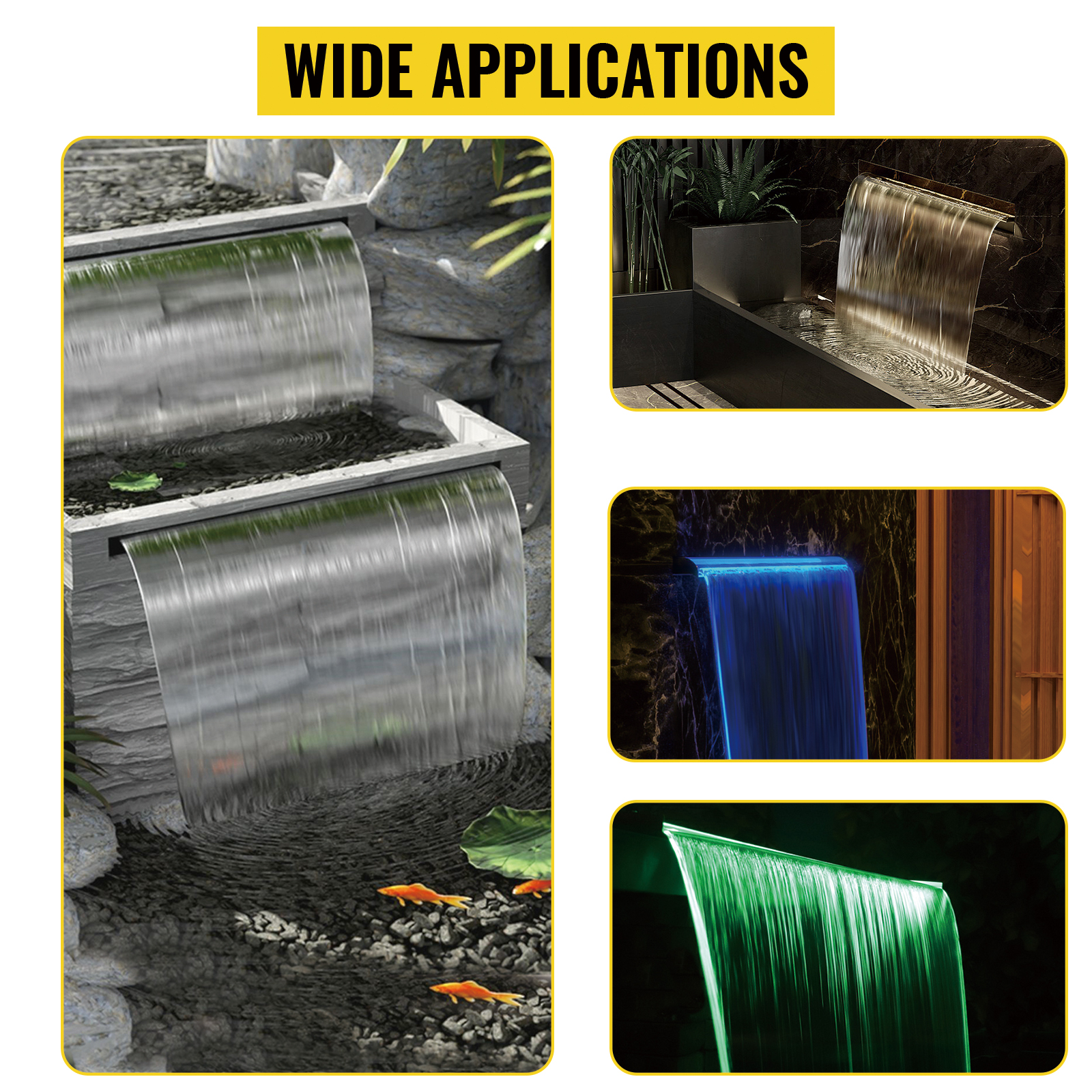 VEVOR pool fountain showcased in multiple applications with varying water flow styles.