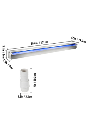 VEVOR pool fountain 59.4in with blue led light and connector dimensions.