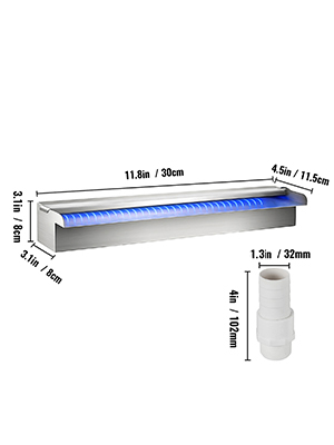 VEVOR pool fountain led waterfall, 30cm wide with blue led light and connector.