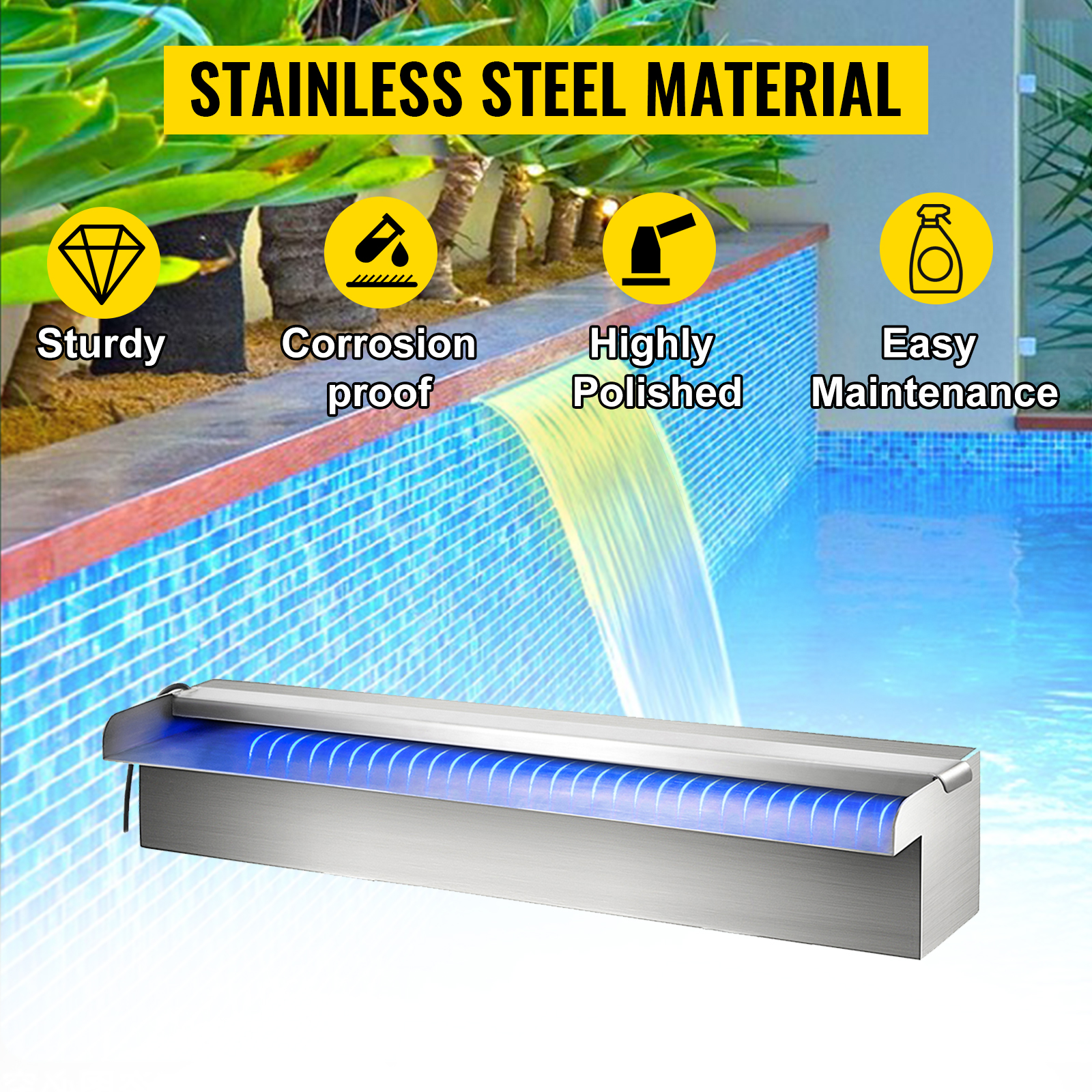 VEVOR pool fountain led waterfall with sturdy stainless steel construction.
