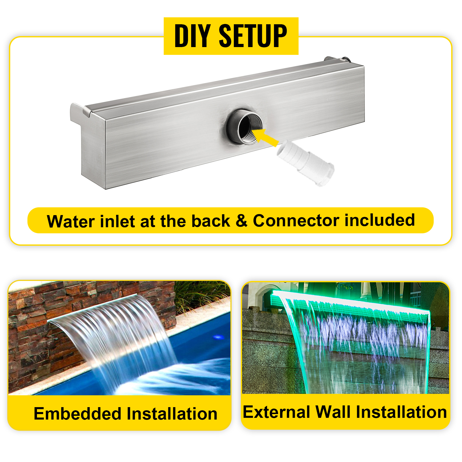 diy setup with VEVOR pool fountain led waterfall; embedded or external installation.