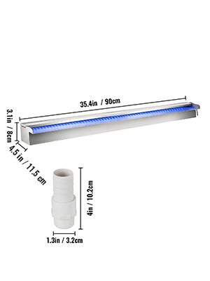 VEVOR pool fountain with blue led lights, 35.4in length, and included white connector.