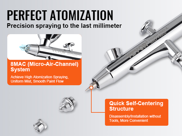 VEVOR airbrush kit with 8mac system for high atomization and quick self-centering structure.