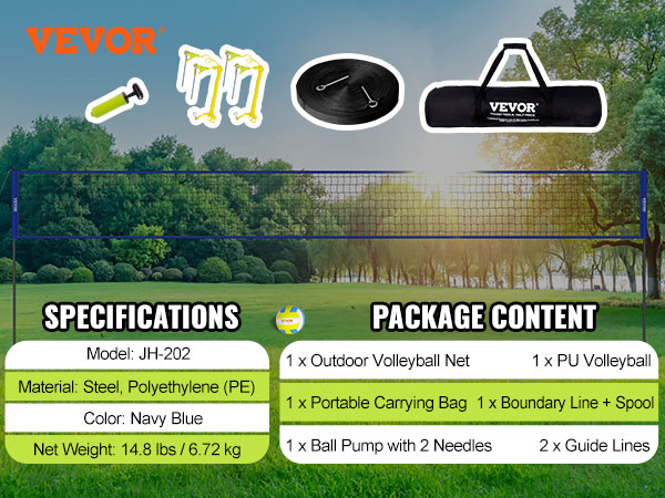 VEVOR volleyball net system displayed in a green park with product specifications and package contents.