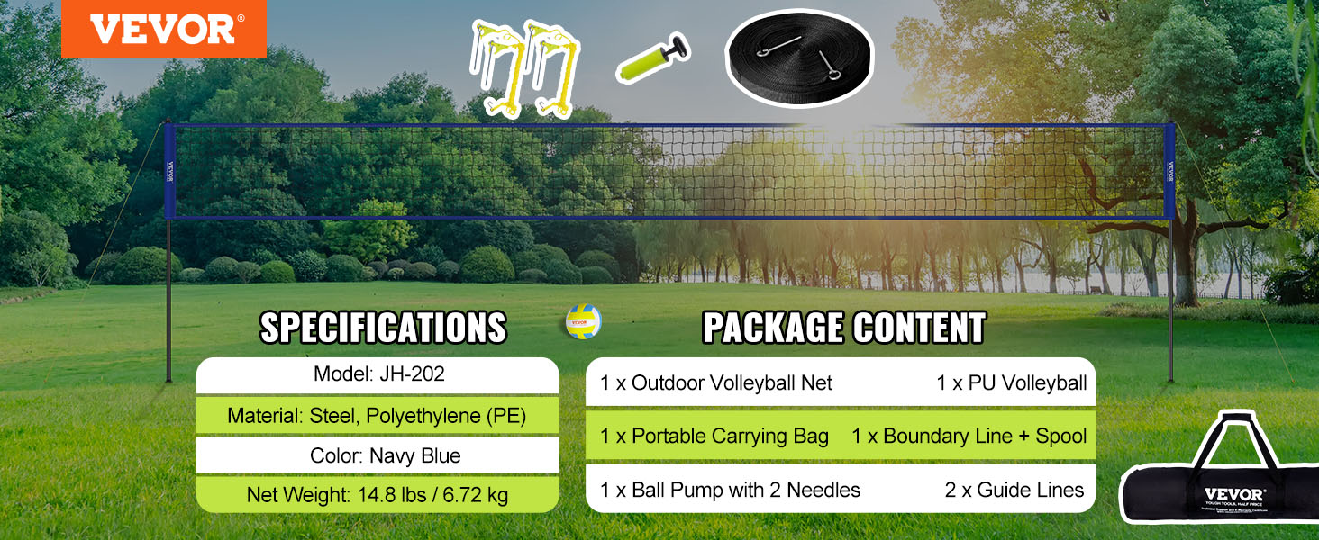 VEVOR volleyball net system displayed in a green park with product specifications and package contents.