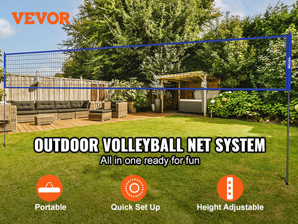 VEVOR volleyball net system in a backyard with garden, outdoor furniture, and adjustable net.