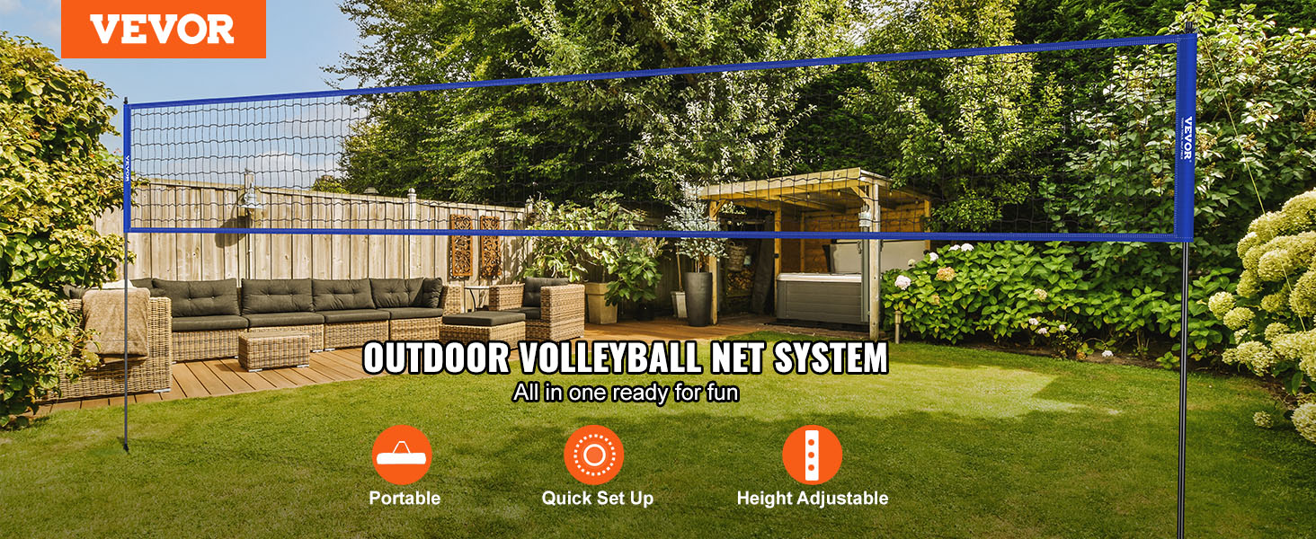 VEVOR volleyball net system in a backyard with garden, outdoor furniture, and adjustable net.