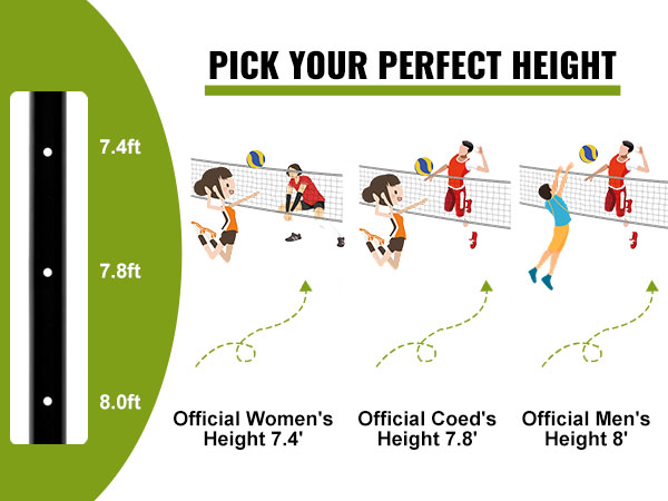 VEVOR volleyball net system height options: 7.4ft women's, 7.8ft coed, 8ft men's.