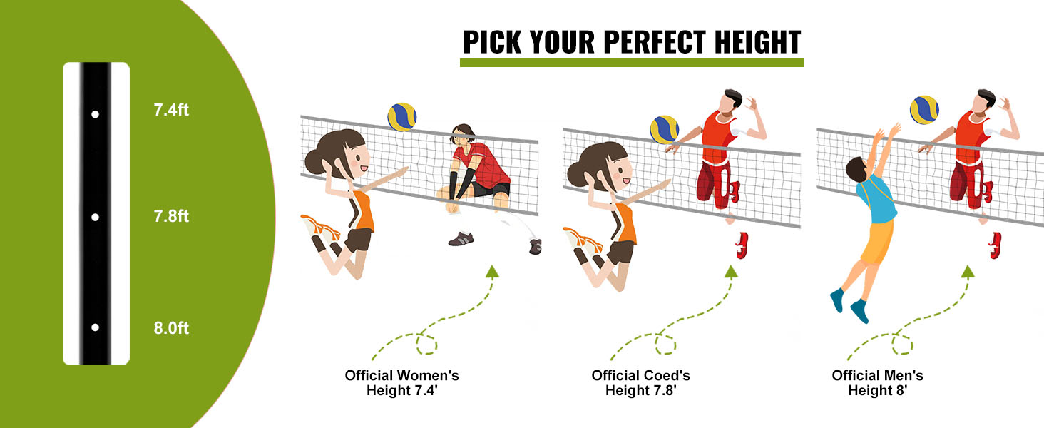 VEVOR volleyball net system height options: 7.4ft women's, 7.8ft coed, 8ft men's.