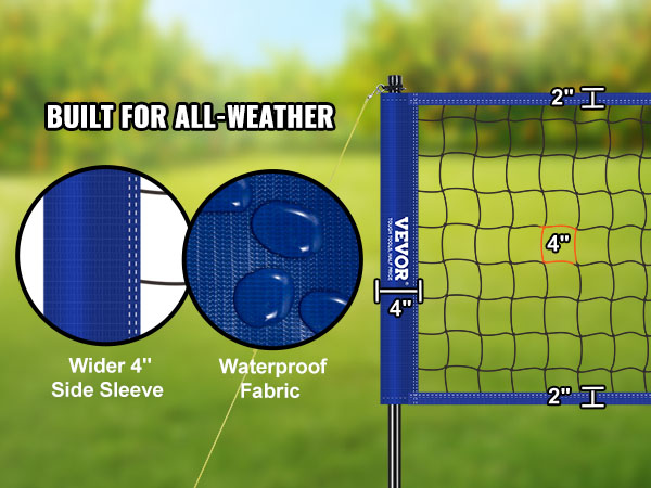 VEVOR volleyball net system with waterproof fabric and 4" side sleeve, all-weather durability.