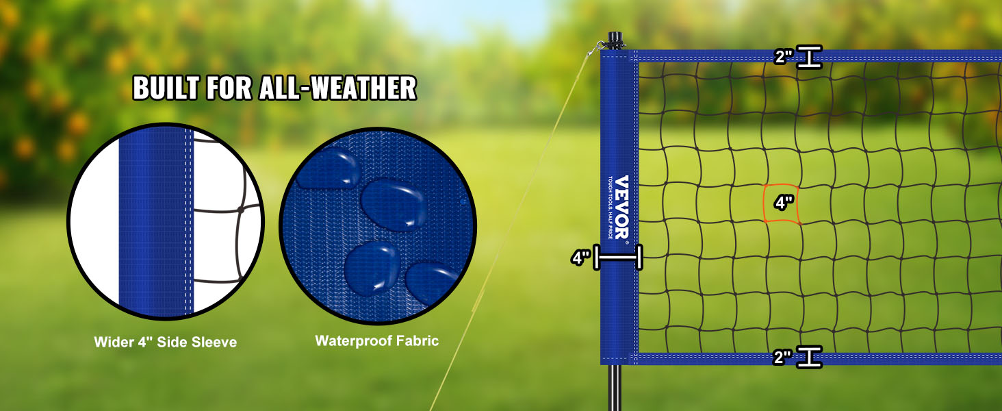 VEVOR volleyball net system with waterproof fabric and 4" side sleeve, all-weather durability.