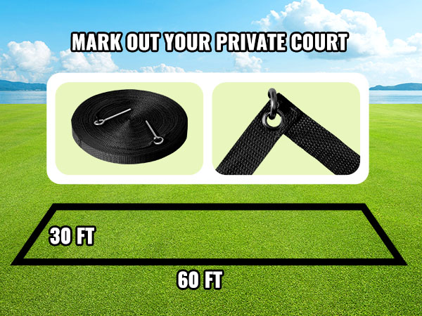 VEVOR volleyball net system marking out a private court on a green lawn with dimensions of 30x60 feet.