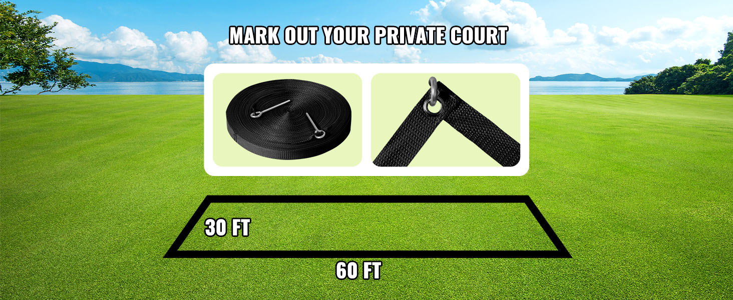 VEVOR volleyball net system marking out a private court on a green lawn with dimensions of 30x60 feet.