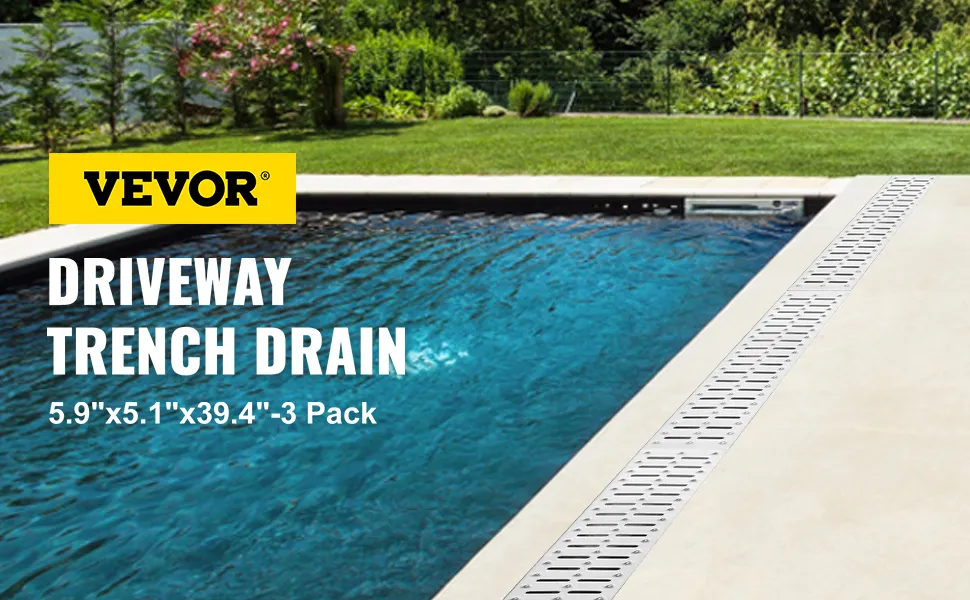 VEVOR trench drain system by a pool with surrounding green landscape.