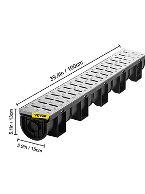 VEVOR trench drain system with dimensions: 39.4in x 5.1in x 5.9in.