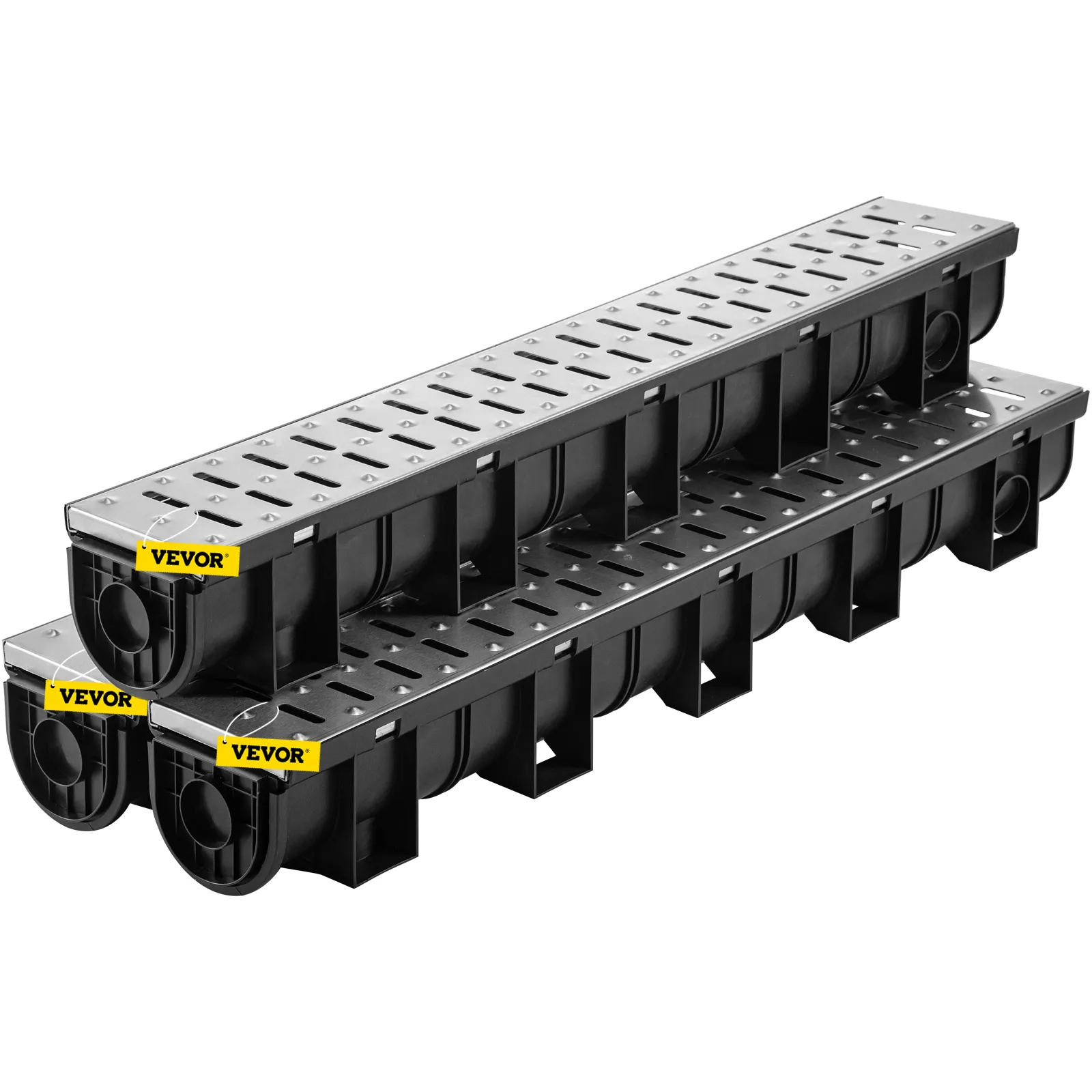 two stacked VEVOR trench drain systems with black bases and metal grates.